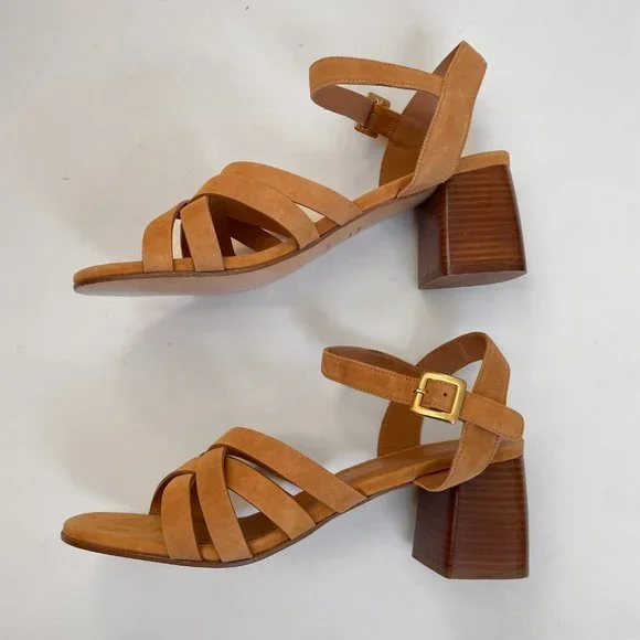 Rivecour Suede Sandals Brown Tan Leather $222 NEW Cross Stack Heel Block Ankle - Picture 3 of 12